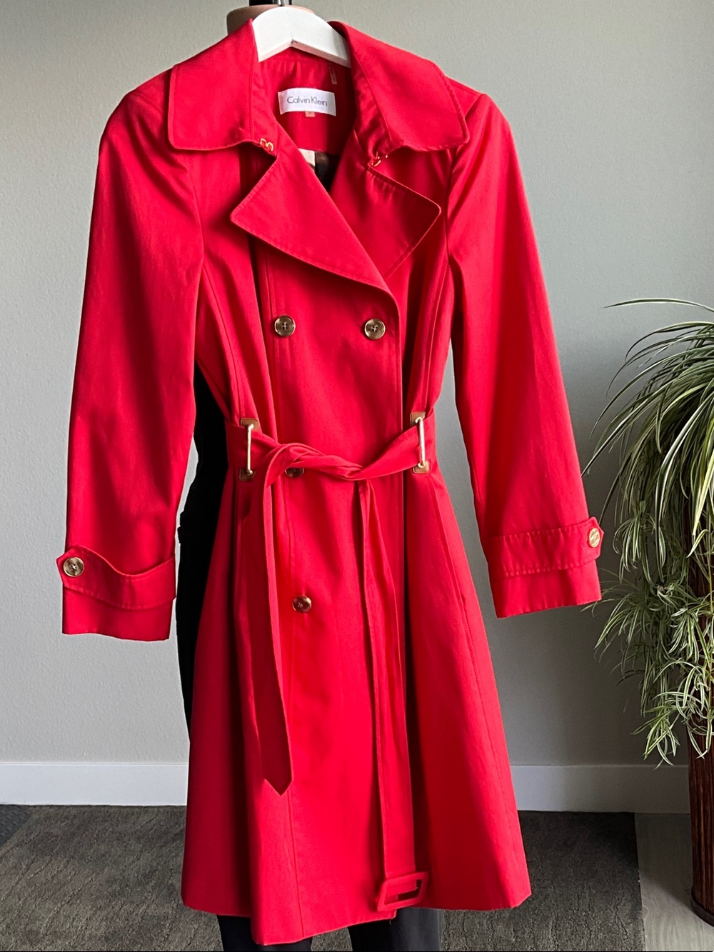 Calvin Klein Bold Red Double-Breasted Trench Coat with Waist Tie